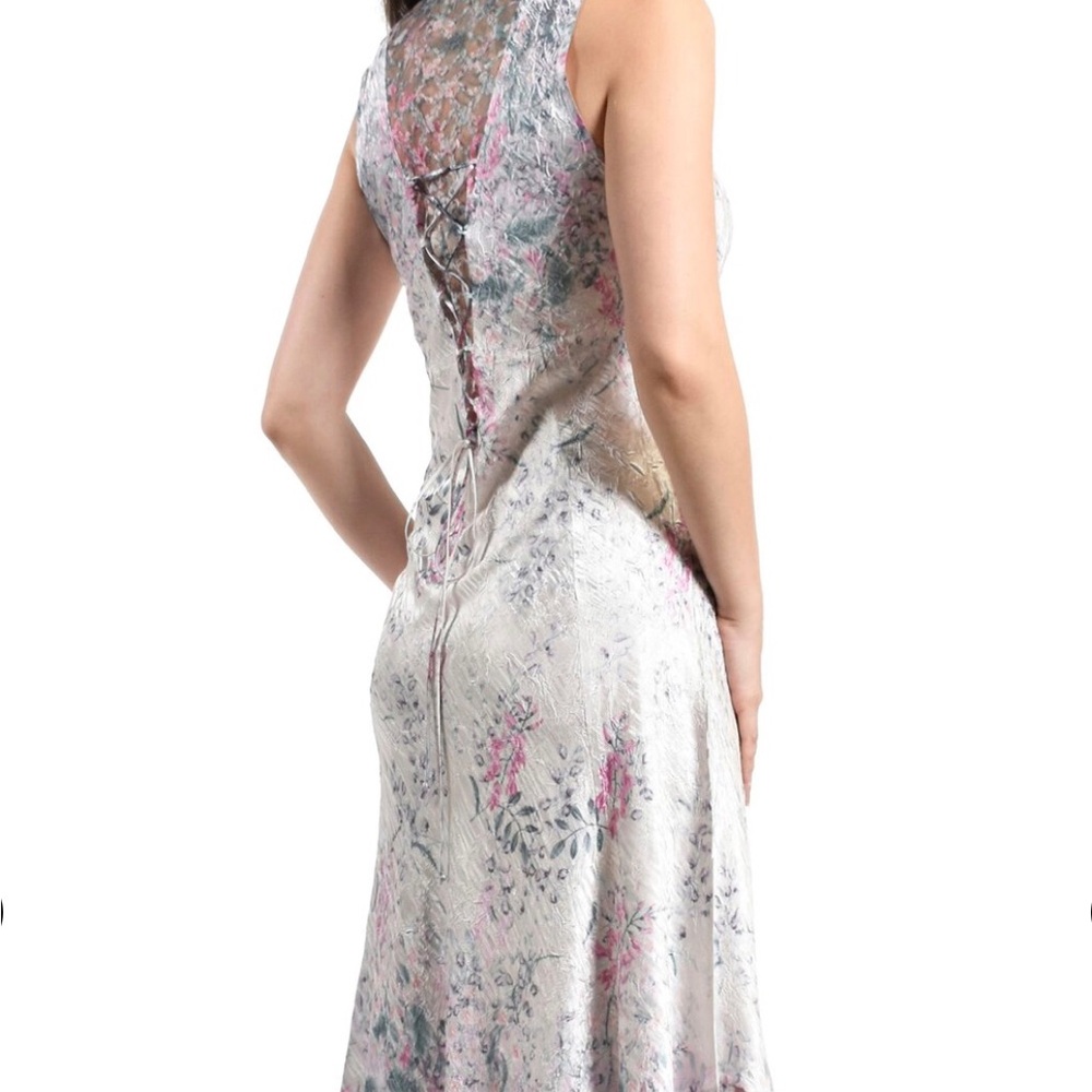 KOMAROV.  Lace-Up Charmeuse &Lace Dress-Romantic Vine